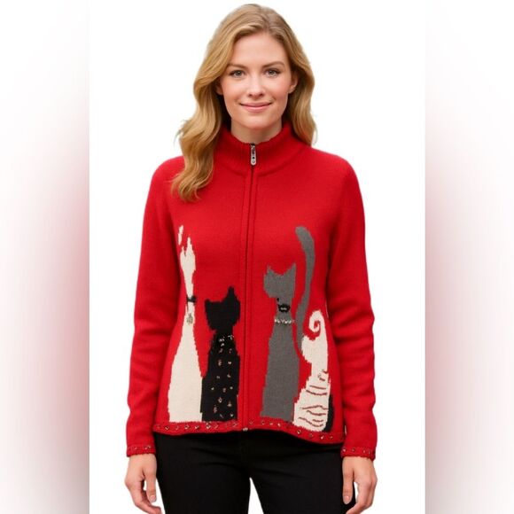 Coldwater Creek XL Red Cat Embellished Knit Cardigan Sweater Zip Front Festive - Picture 1 of 7